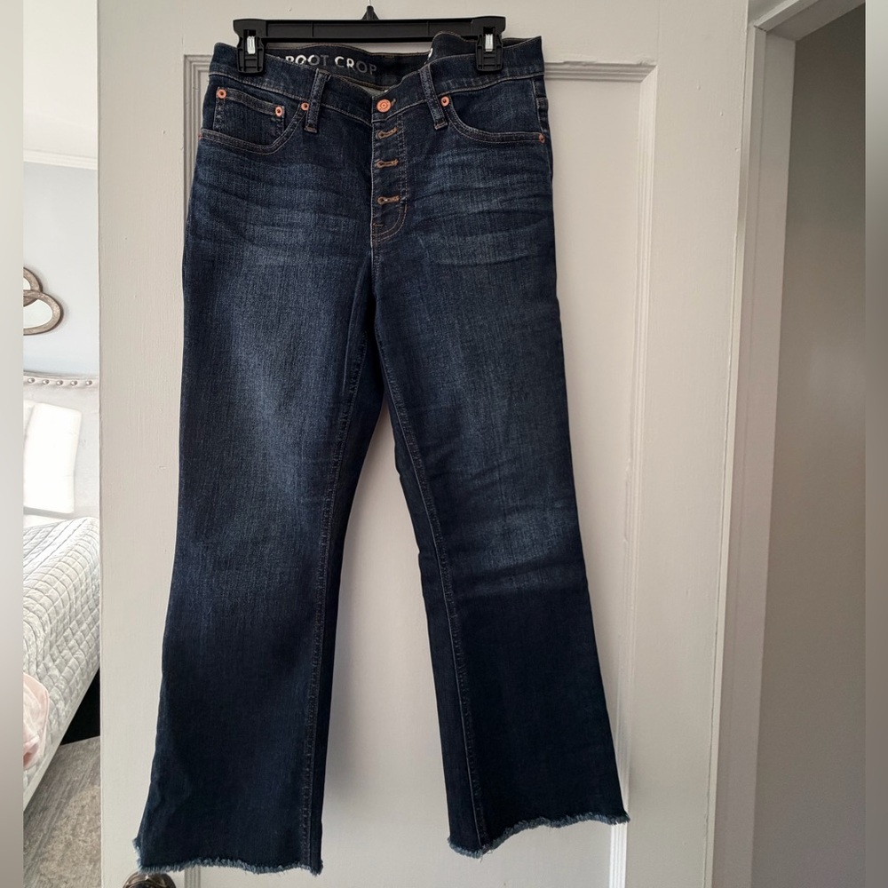 J. Crew Cropped Stretch Demi Boot Cut Jeans - Classic Mid-Rise.  Dark indigo.